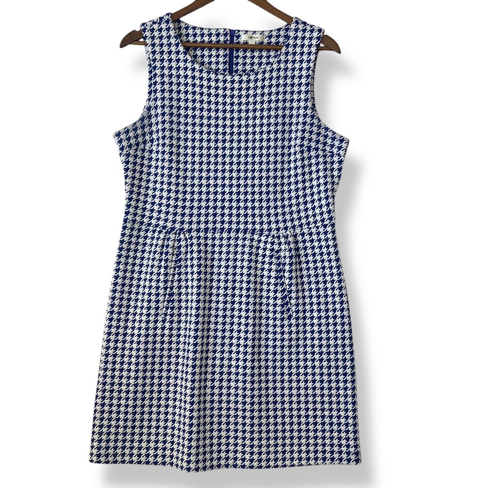 Tyler Boe Dress L Blue White Houndstooth Knit Pockets Preppy Coastal Nautical